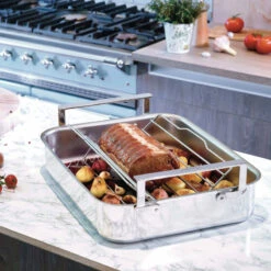 Plat à Four Plaque à Rôtir à Anses Larges + Grille Rectangle Trilaminé Inox Induction CRISTEL 35 Cm